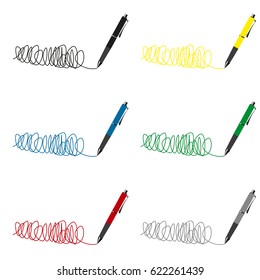 A large set of icons of colored ballpoint pens with colored lines, scribbles.