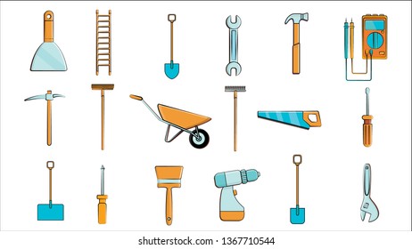 A large set of icons for construction, plumbing, garden, repair, tools: shovel, wrenches multimeter, saw, hammer, brush, mop, rake, trolley, spatula, screwdriver, pickaxe, ladder. Vector illustration.