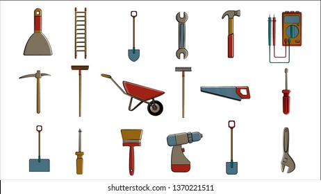 A large set of icons for construction, plumbing, garden, repair, tools: shovel, wrenches multimeter, saw, hammer, brush, mop, rake, trolley, spatula, screwdriver, pickaxe, ladder. Vector illustration.