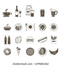 A large set of icons of different foods and drinks. Icons for a restaurant menu.