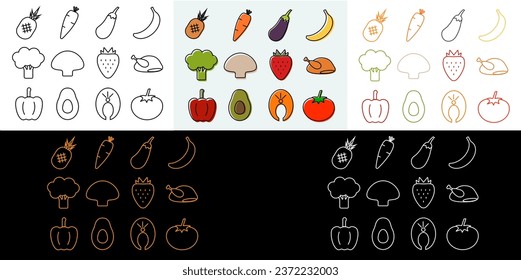 Large set of icons with elements of proper nutrition. Color and black and white. Vector illustration