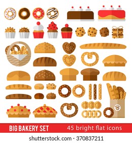 Large set of icons in a flat style on the baking theme. Rolls, bread, loaf, baguette, bagels, cookies, cakes and other baked goods