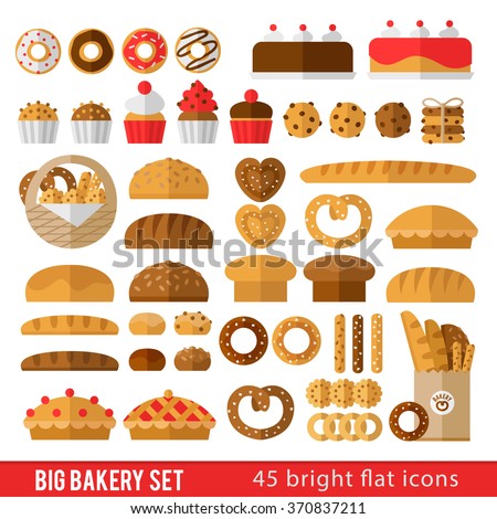 Large set of icons in a flat style on the baking theme. Rolls, bread, loaf, baguette, bagels, cookies, cakes and other baked goods