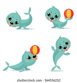 large set icons Funny white fur seal pups, cute winking seals with pink cheeks and big eyes. Isolate on wight background. Vector illustration