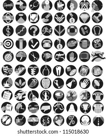 Large set of icons illustrating themes of environment, government, information, technology, health care, science, finance, infrastructure and the arts