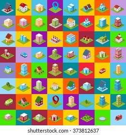 Large set of icons isometric house, city symbols and signal. Urban sign.