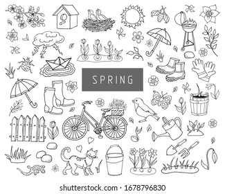 A large set of icons on a spring theme isolated on a white background. Spring flowers, butterflies, cat, birds, garden, Sunny day. Black and white, outline, hand drawing.