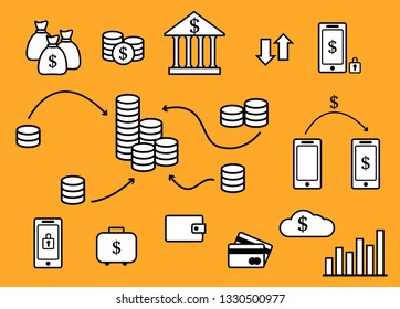 Large set of icons on the theme of money. Coins, crowdfunding, bag, Bank, mobile, phone, payment, credit card. Linear icon.