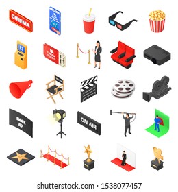 A large set of icons on the theme of cinema. Booking, buying and Checking tickets. Production and equipment for filming. Film festival, awards, red carpet and stars. Vector isometric illustration.