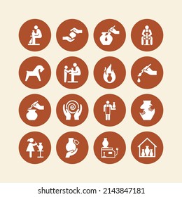 A large set of icons on the theme of pottery. Various vases, potters, figurines, amofras. Vector illustration. EPS 10.