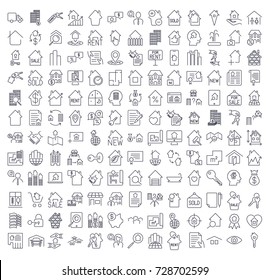A large set of icons on the topic of real estate. Icons for sites, programs, applications and other. Editable stroke. 