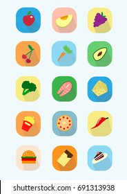 A large set of icons of a rationed type of food in a flat style with a colorful background and shadow every single piece