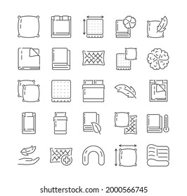 Large set of icons related to household linens. Bedlinen, towels, cushions, pillows, eco-friendly concepts, blanket, single and double bed. Line drawn outline vector illustration for design elements