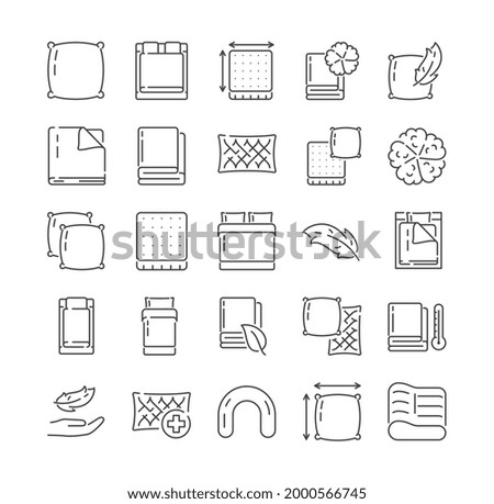 Large set of icons related to household linens. Bedlinen, towels, cushions, pillows, eco-friendly concepts, blanket, single and double bed. Line drawn outline vector illustration for design elements