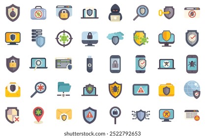 Large set of icons representing cyber security, virus and internet security and data protection