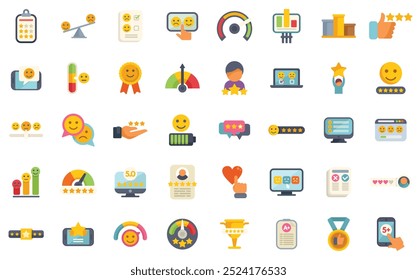 Large set of icons showing customer feedback with various symbols representing satisfaction levels, reviews, and ratings