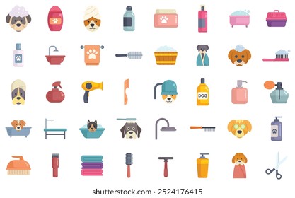 Grande conjunto de iconos que muestran a los perros bañándose o siendo acicalados con champú, ducha y toallas