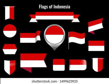 A large set of icons and signs with the flag of the Indonesia. Square and round indonesian flag. Collection of different types of horizontal and vertical.