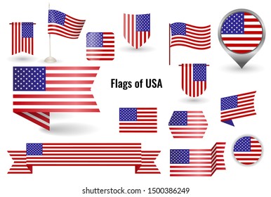 A large set of icons and signs with the flag of the USA. Square and round US flag. Collection of different types of horizontal and vertical.