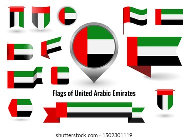 A large set of icons and signs with the flag of the UAE. Square and round united arabic emirates flag. Collection of different types of horizontal and vertical.