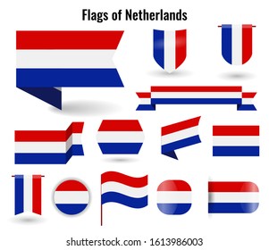 A large set of icons and signs with the flag of the Netherlands. Square and round Netherlands flag. Collection of different types of horizontal and vertical.