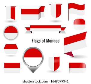 Un gran conjunto de iconos y signos con la bandera del Mónaco. Bandera de Mónaco cuadrada y redonda. Colección de diferentes tipos de horizontal y vertical.