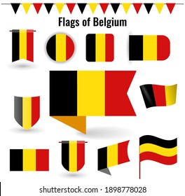 A large set of icons and signs with the flag of the Belgium. Square and round Belgium flag. Collection of different types of horizontal and vertical.