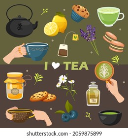 Large set icons for those who loves tea. Teapots, hand-drawn cups. Sweets, cookies, honey, lemon, lavender, etc. Vector illustration on a brown-green background.