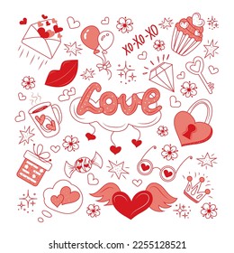 Large set of icons for Valentine's Day, Mother's Day, wedding, love and romantic events. Traditional love icons. Hand-drawn doodles Love and feelings collection. 