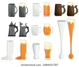 grande conjunto de ícones de vários copos e cervejas em bocadas, nomeadamente copos weitzen, stein, tankard, sidel e pátio de vidro longo para vários desenhos, cartazes ou banners