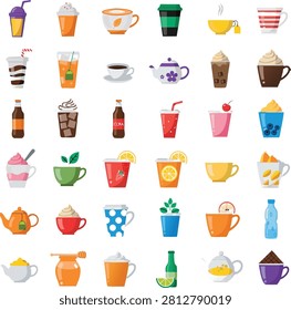 Large set of illustrated beverage icons with mugs teapots glasses and cups on a transparent background grid.
