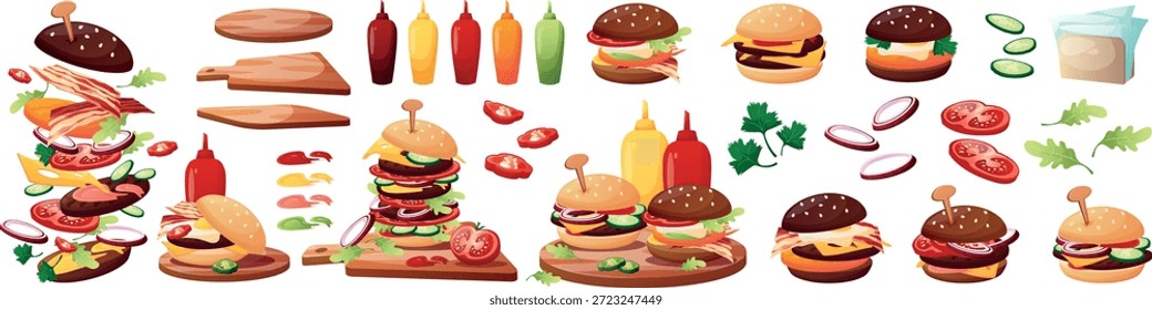 Grande conjunto de ilustraciones de hamburguesas, Conjuntos combinados e ingredientes para cocinar. Comida callejera, comida rápida. Hamburguesas jugosas y deliciosas en estilo de dibujos animados.