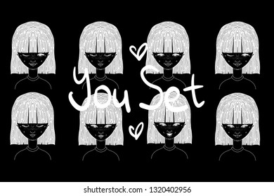 Large set of illustrations. Concept for print, emoticons for emoticons of your gadget, stickers. The girl and her different emotions. Teenager as an avatar for the account. Print for your design. 