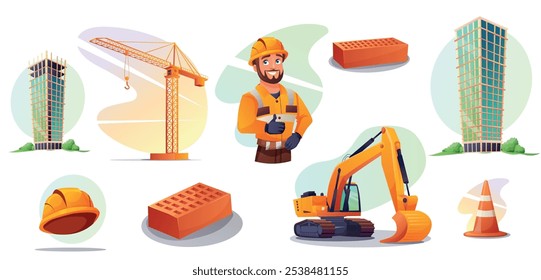 Grande conjunto de ilustrações dedicadas à construção. Transporte para construção de edifícios, materiais de trabalho, homem construtor. Ilustrações vetoriais em estilo cartoon.