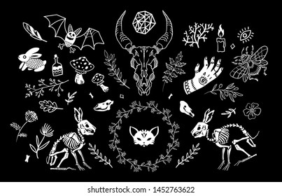 Large set of illustrations for Halloween. Black background. For tattoo, print on t-shirt and more. Happy Halloween!