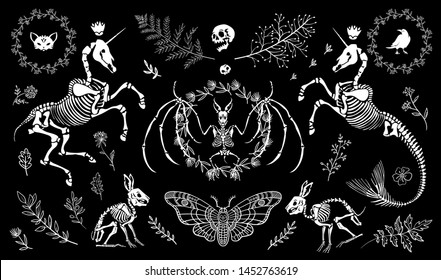 Large set of illustrations for Halloween. Isolated on black background. For tattoo, print on t-shirt and more. Happy Halloween!