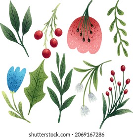a large set of illustrations of leaves, twigs and flowers