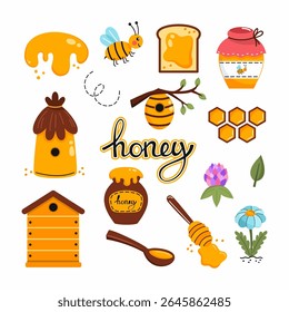 large set of illustrations on topic of honey and beekeeping. Doodle style drawings for postcard decor
