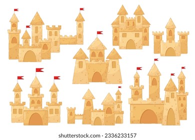 
A large set of illustrations of sand castles on a transparent background. Rest, beach, sand castle.