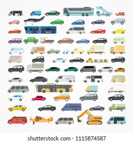 A large set of illustrations of transport. Various types of vehicles, buses, trucks, pick-ups, sedans. Illustration about travel, cargo delivery and transportation.