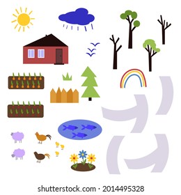 A large set of illustrations of village life. A house, a lake with fish, trees, beds, chickens, sheep, paths. Flat style, children's motives. Bright vector illustration. Everything for making a map.