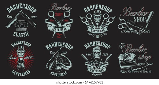 A large set of illustrations in vintage style for a barber shop with a skull, razor, scissors, shaving brush on the dark background. Illustration in an isolated group. Text and other elements in each 