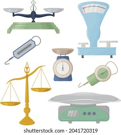 A large set with the image of scales of various shapes and purposes. Vintage store scales of various shapes. Vector illustration isolated on a white background