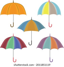 A large set with the image of umbrellas of various colors and shapes. Large bright umbrellas for walking in rainy autumn weather. A device for protection from rain and bright sun. Vector illustration