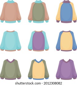 A large set with the image of warm knitted sweaters of various colors and shapes. Insulated sweaters for walking in cold autumn weather. Warm clothes for cold weather. Vector illustration