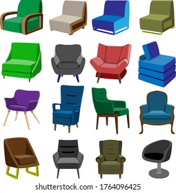 A large set of images of armchairs. A set for different purposes in design, interior and other. Vector illustration.