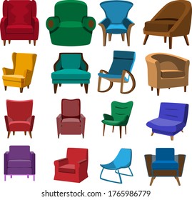 A large set of images of armchairs. A set for different purposes in design, interior and other. Vector illustration.