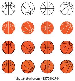 A large set of images of basketballs. Line, flat, with texture and shadow. Vector illustration
