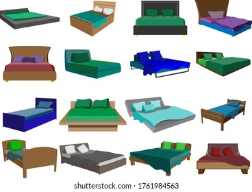 A large set of images of beds. A set for different purposes in design, interior and other. Vector illustration.