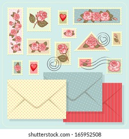Large set of images with envelopes and stamps. Roses.
